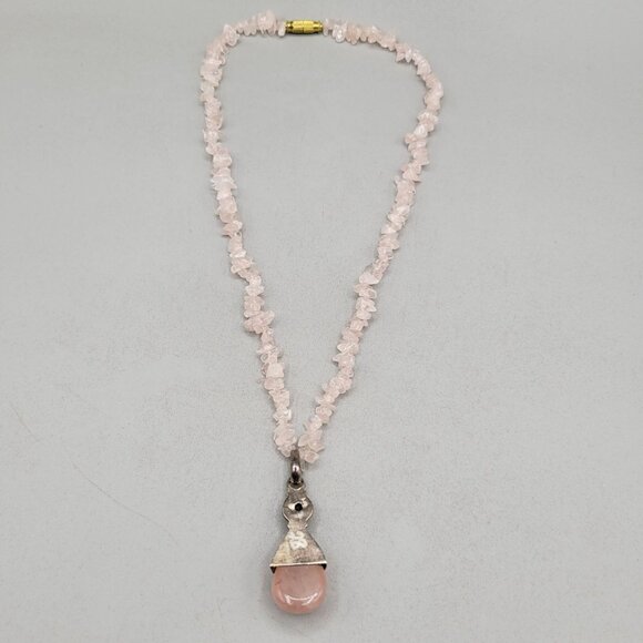 Rose Quartz Chip Bead Necklace Quartz Teardrop Sterling Pendant Wire Wrap - Picture 3 of 9